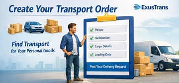 Particular a criar uma encomenda de transporte na plataforma ExusTrans com dados de recolha e entrega