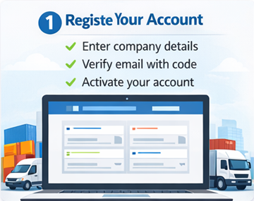 Formulário de cadastro de transportadora na ExusTrans com dados da empresa, número de IVA e ativação por e-mail