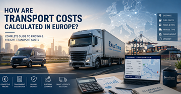 Cálculo de preços de transporte na Europa com camiões de logística, custos de frete, combustível, portagens e planeamento de entregas